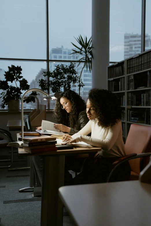 a couple of women sitting at a table in a library, pexels contest winner, academic art, slight overcast lighting, mit technology review, early morning lighting, dwell