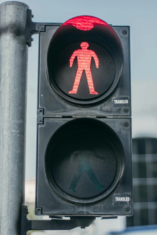 a traffic light with a red pedestrian sign on it, trending on unsplash, extremely complex, ilustration, knee, human - like
