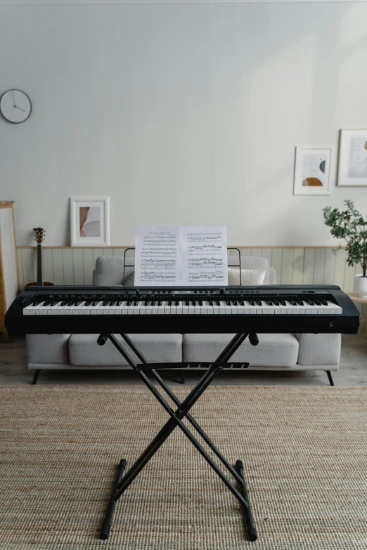 a piano sitting in a living room next to a couch, in a studio, with accurate features, portrait n - 9, basic