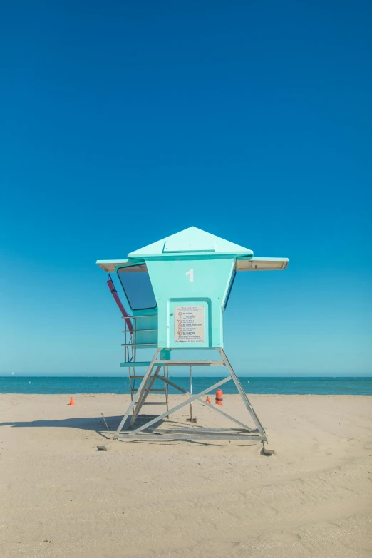 a lifeguard tower sitting on top of a sandy beach, by Ryan Pancoast, square, taejune kim, clear sky, teal