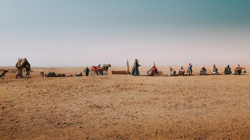 a group of people riding on the backs of camels, by Romain brook, les nabis, people on a picnic, dusty air, landscape photo, illustration »