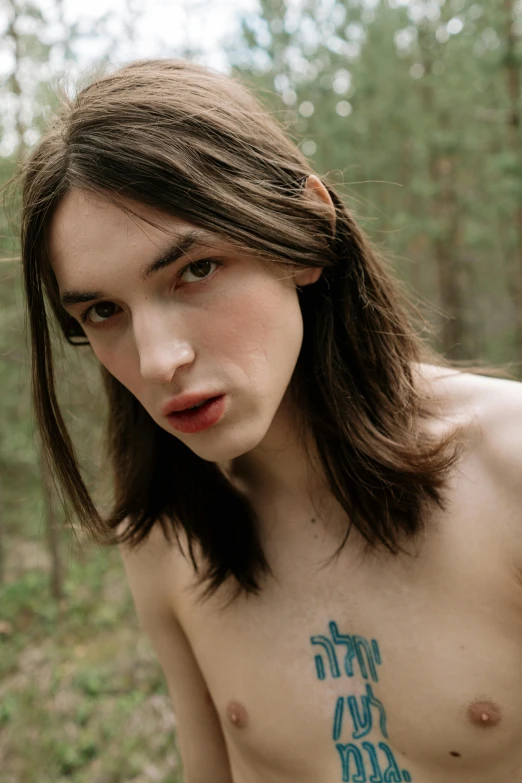 a shirtless young man with a tattoo on his chest, an album cover, by Attila Meszlenyi, trending on pexels, portrait of forest gog, attractive androgynous humanoid, brown long and straight hair, lily frank
