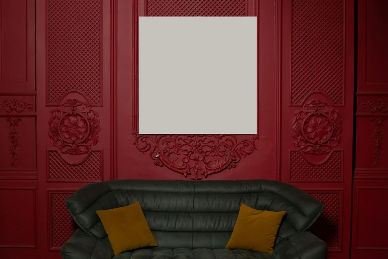 a green leather couch sitting in front of a red wall, an album cover, inspired by Jacques-Louis David, unsplash contest winner, baroque, reflected in giant mirror, crimson and grey color scheme, background is white and blank, square