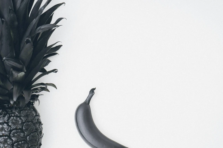 a pineapple and a banana on a table, a black and white photo, trending on pexels, minimalism, long thick shiny black beak, yin yang, set against a white background, background image