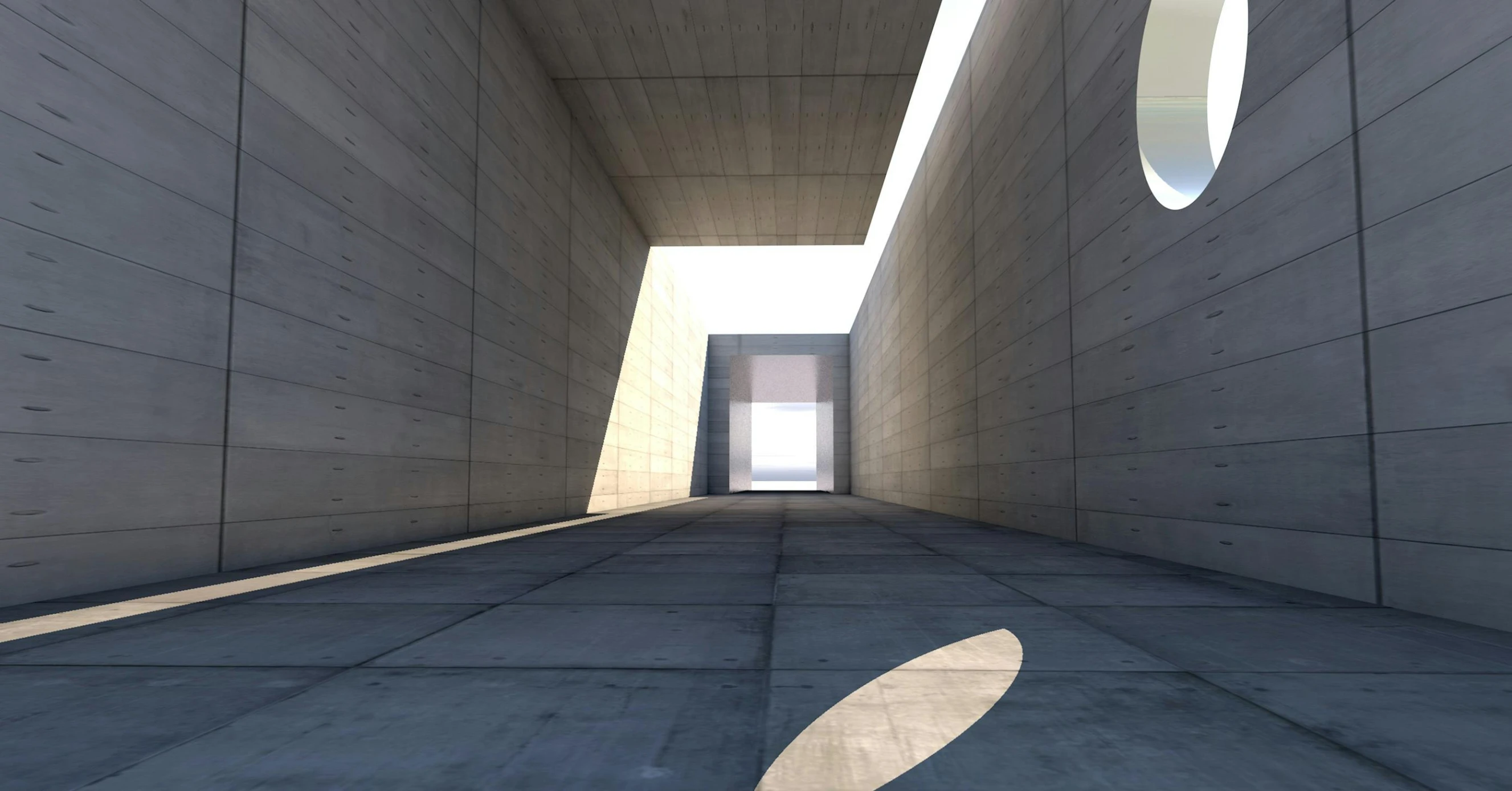 the shadow of an apple logo on a concrete wall, a 3D render, inspired by Tadao Ando, unsplash, light and space, rendered in unreal engine 6, corridor, brutalist courtyard, light source from the left