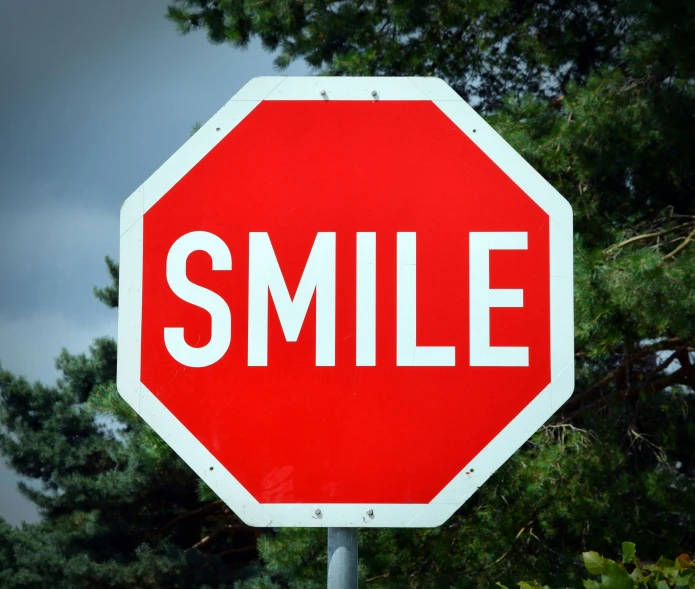 a stop sign with the word smile on it, a picture, pixabay, paul barson, scientific photo, cute teeth, high school