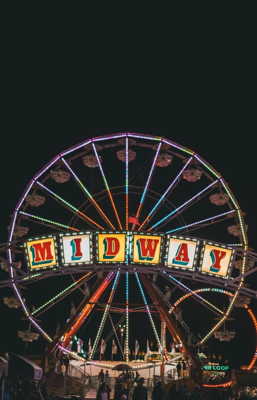 a ferris wheel with the word midway lit up at night, pexels contest winner, colorful aesthetic, mid-day, mscow, oldwest