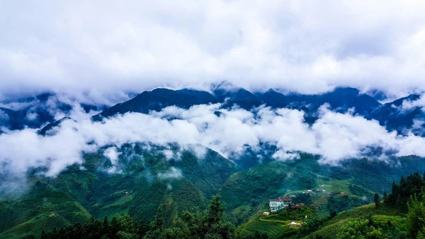 a view of the mountains from the top of a hill, an album cover, pexels contest winner, sumatraism, vietnam, avatar image, cloud palace, conde nast traveler photo