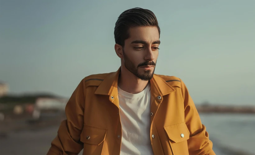 a man standing on a beach next to a body of water, a colorized photo, trending on pexels, antipodeans, singer maluma, yellow walls, brown jacket, headshot profile picture