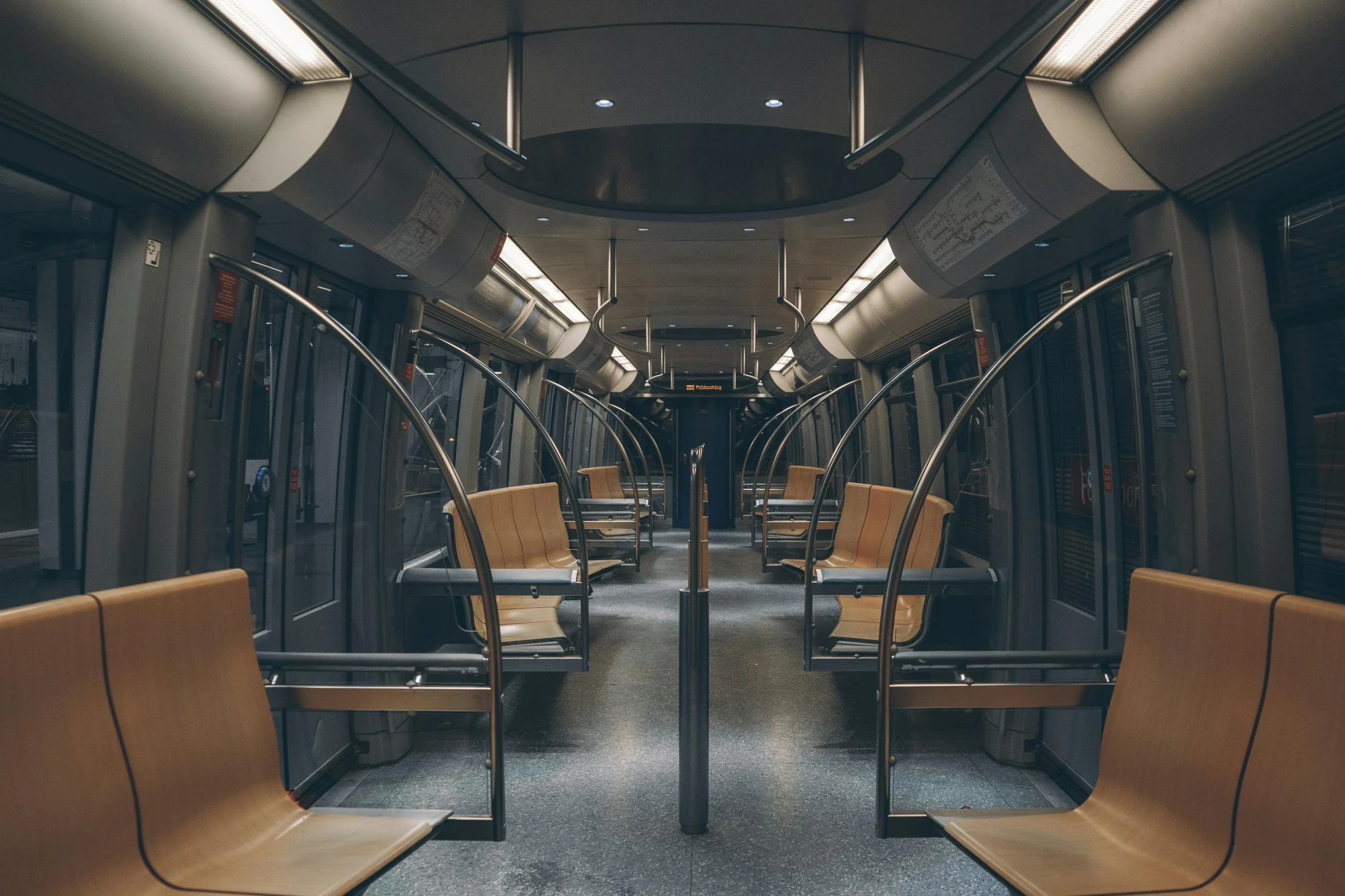 a view of the inside of a subway car, unsplash contest winner, hypermodernism, chairs, ignant, an ultra realistic, a wooden