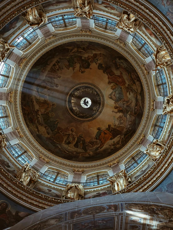 the ceiling of a building with a clock on it, an album cover, unsplash contest winner, rococo, church painting, spherical, panorama, 2 5 6 x 2 5 6 pixels