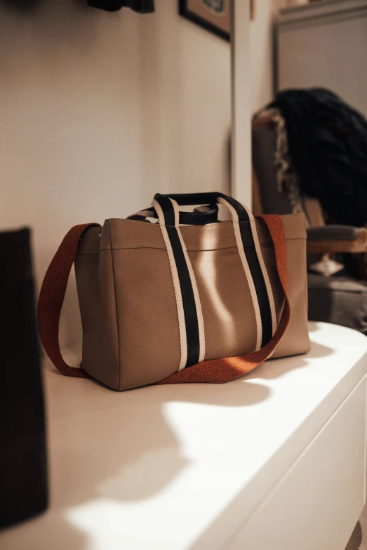 a purse sitting on top of a white shelf, inspired by Harrington Mann, instagram, happening, sporty, sandy beige, hero shot, trimmed with a white stripe