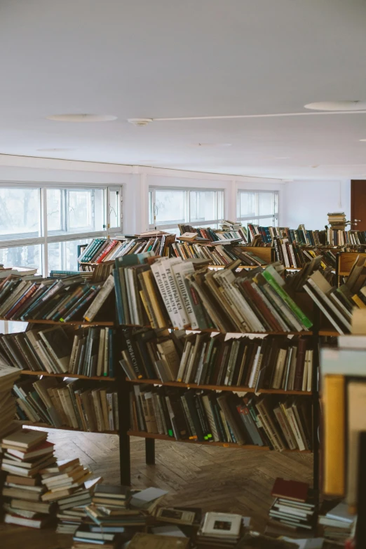 a large room filled with lots of books, unsplash, modernism, brown, indoor, office/thrift store/social hall, student