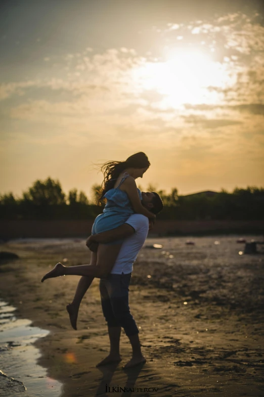a man carrying a woman on his back on a beach, a picture, pexels contest winner, romanticism, late summer evening, floating in mid - air, 15081959 21121991 01012000 4k, instagram post
