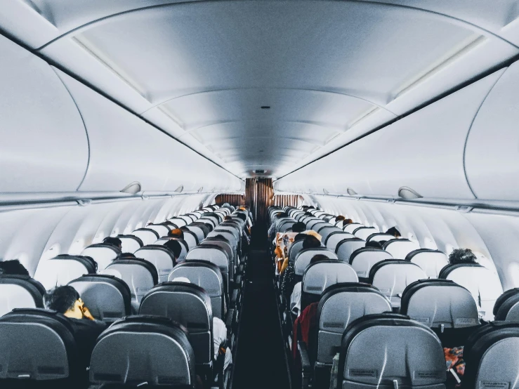 the inside of an airplane with rows of seats, a cartoon, pexels contest winner, hypermodernism, instagram post, clear skies, overpopulated, monochromatic photo