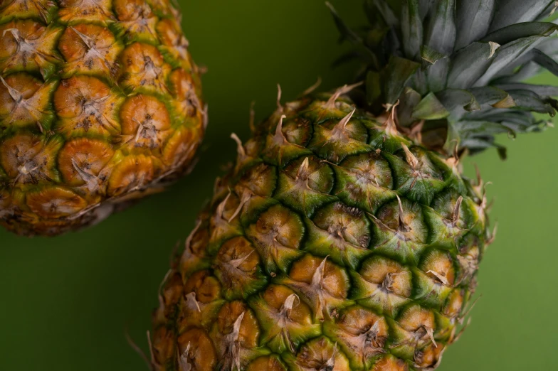 two pineapples sitting next to each other on a green surface, by Adam Marczyński, trending on unsplash, fan favorite, recipe, bottom body close up, uncrop