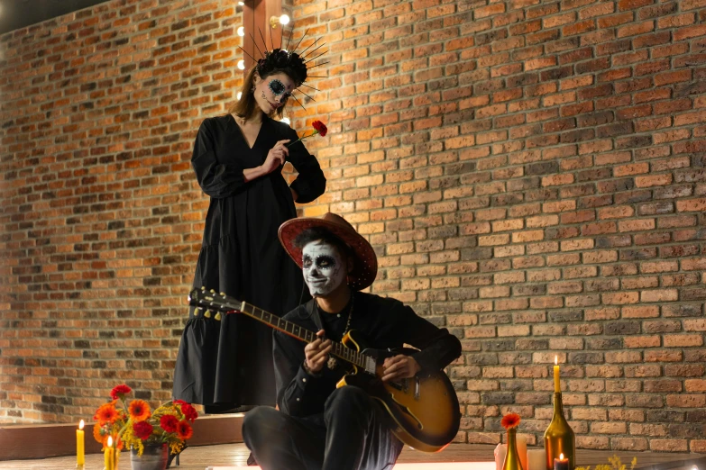 a couple of people that are playing guitar, a portrait, pexels contest winner, conceptual art, ( el dia los muertos ), vantablack gi, costume, 15081959 21121991 01012000 4k