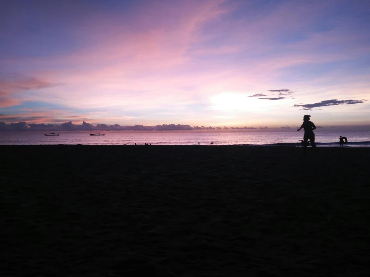 a person walking a dog on a beach at sunset, by Robbie Trevino, pexels contest winner, minimalism, philippines, purple sunset, low quality photo