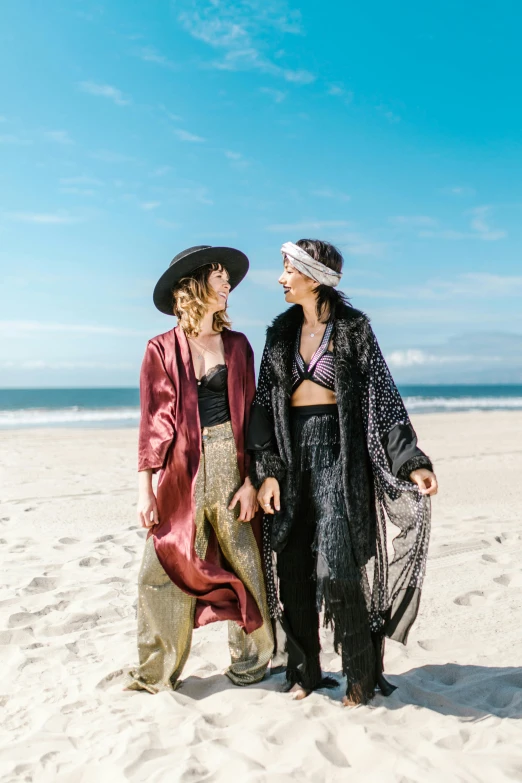 two women standing next to each other on a beach, unsplash, renaissance, stylish coat for a rave, ferred - themed robes and hat, wearing a luxurious velvet robe, one single tribe member