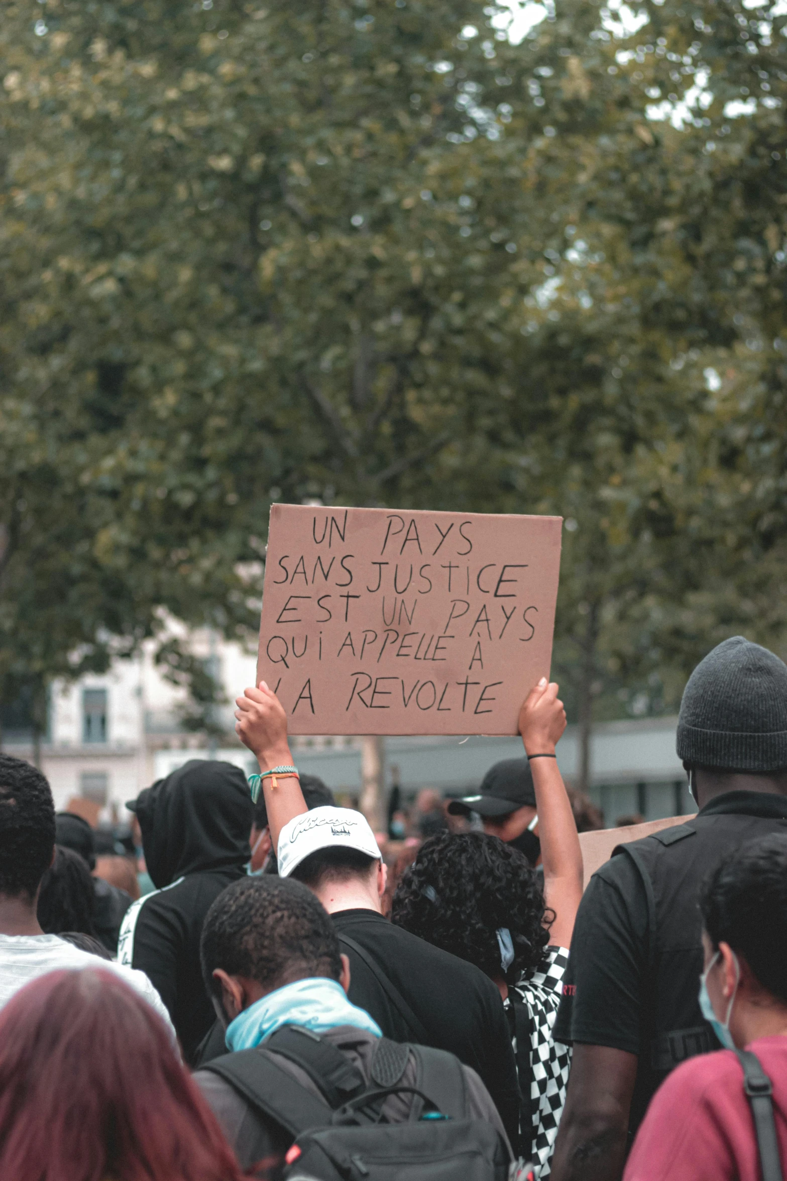 a group of people walking down a street holding a sign, by Raphaël Collin, pexels, renaissance, panel of black, justice, a person standing in front of a, a park