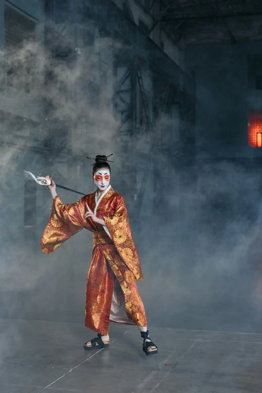 a woman dressed as a geisha holding a stick, inspired by Fu Baoshi, in front of smoke behind, mk ninja, square, slide show