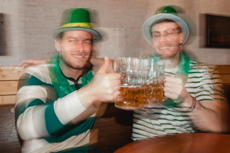 two men wearing green hats and drinking beer, pexels contest winner, 🚿🗝📝, bar tosz domiczek, polaroid effect, soccer players timo werner