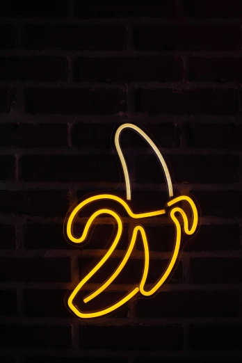 a neon sign of a banana on a brick wall, inspired by Bruce Nauman, trending on unsplash, 2 5 yo, banana hat, 2 2 years old, booze