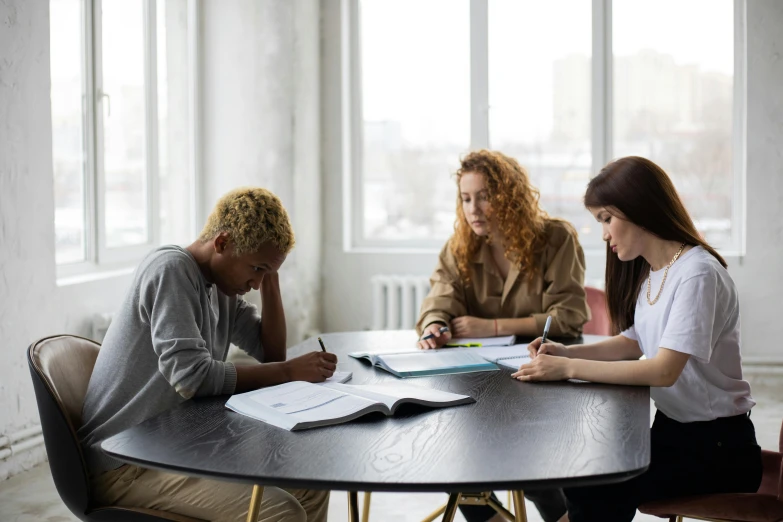 a group of people sitting around a table, on a desk, struggling, te pae, profile image