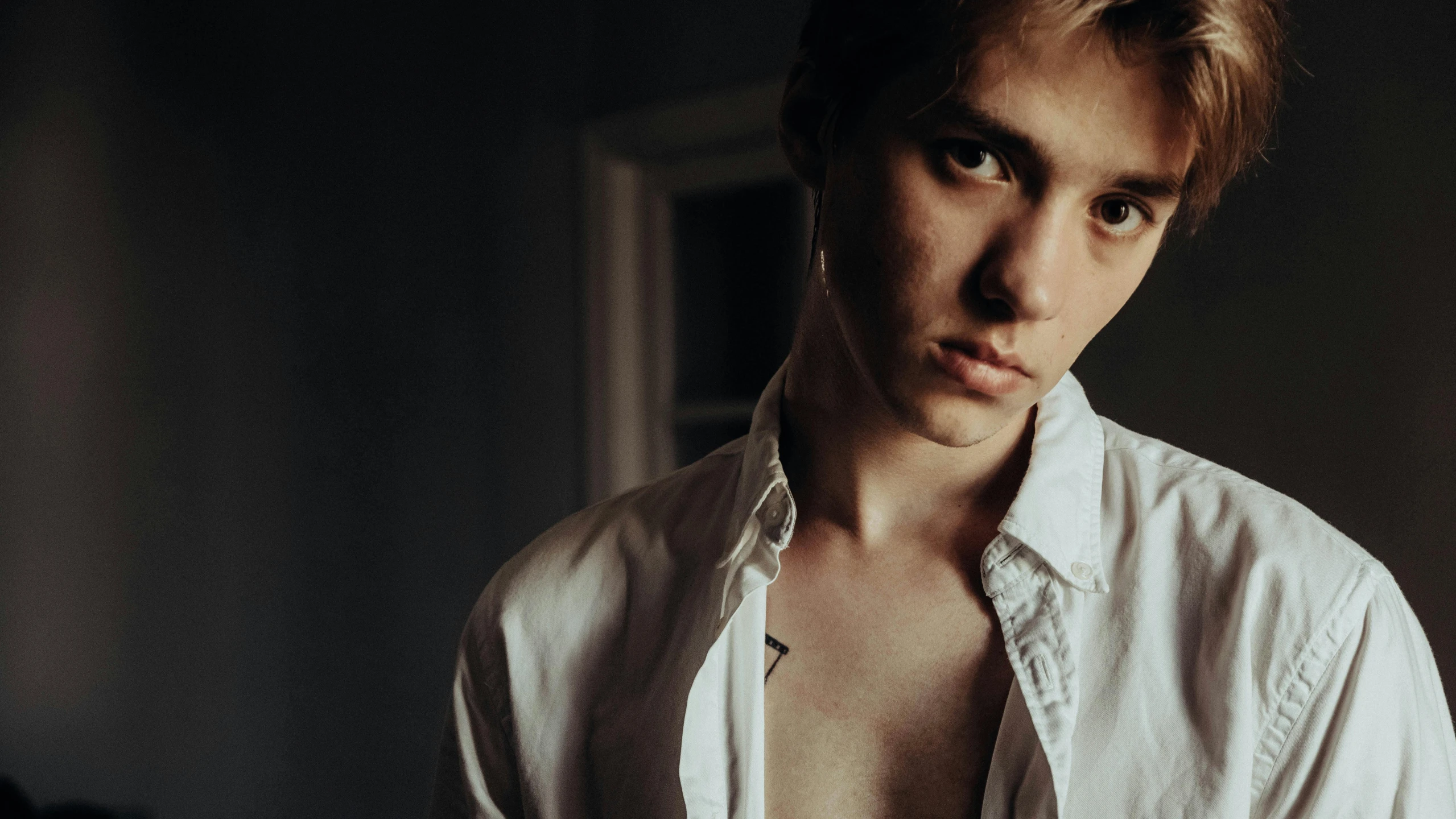 a close up of a person wearing a shirt, inspired by Samuel Shelley, trending on pexels, hyperrealism, beautiful boy, soft lighting, bare chest, androgynous