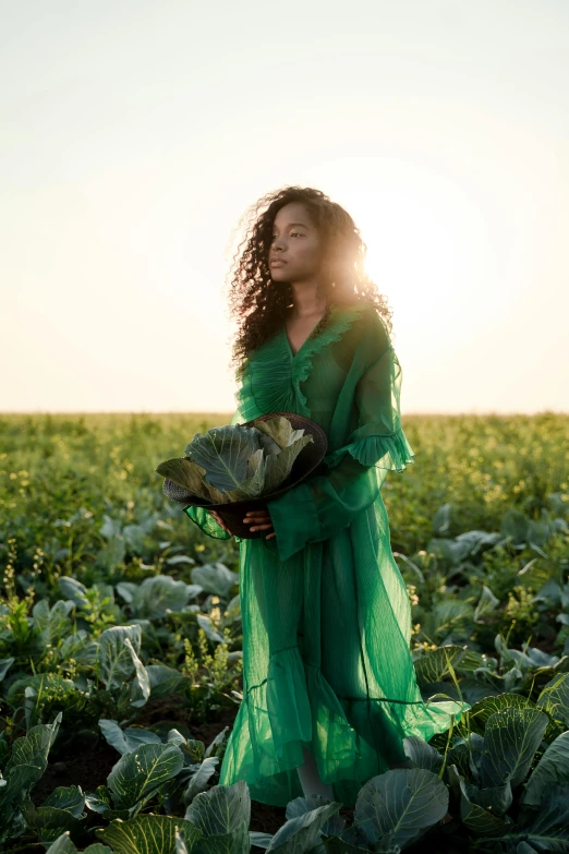 a woman in a green dress standing in a field, tessa thompson inspired, confident holding vegetables, sunraise, chris cunningham