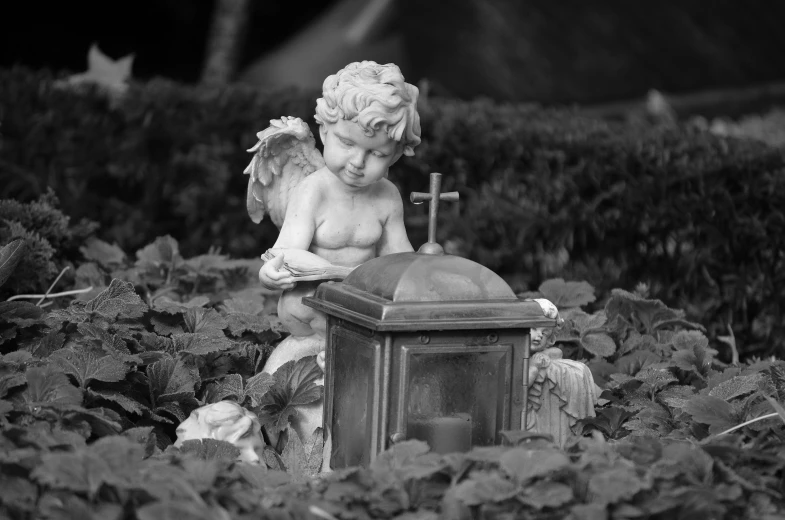 a statue of an angel reading a book in a garden, a statue, by Jan Kupecký, vanitas, black-and-white, casket, children's, decoration