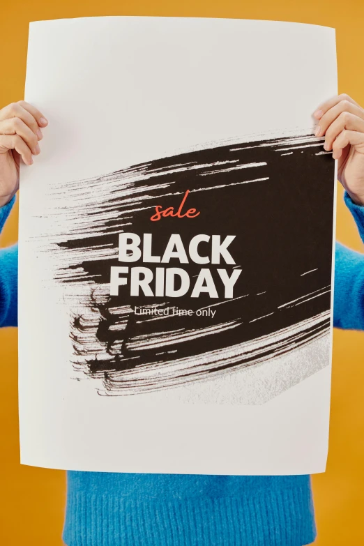 a woman holding a black friday sign in front of her face, poster art, by Julia Pishtar, 4 color print, 256x256, large format, flatlay