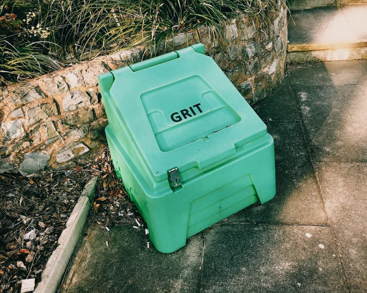 a green trash can sitting on the side of a road, an album cover, unsplash, grit, ffffound, grimacing, gills