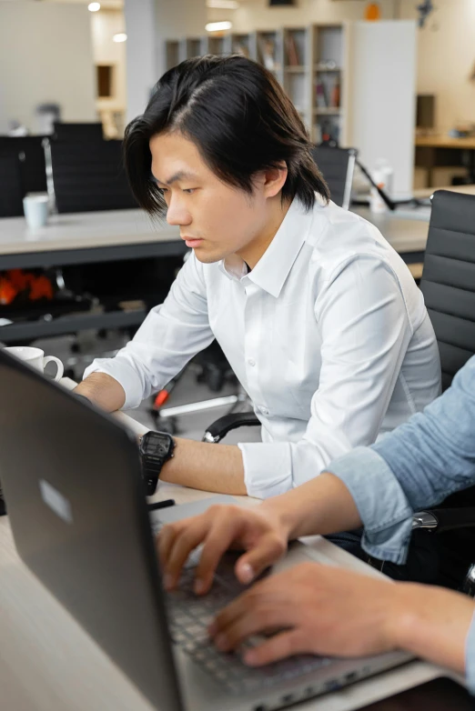 two people working on a laptop in an office, a computer rendering, by Jang Seung-eop, trending on unsplash, 15081959 21121991 01012000 4k, engineering, looking to his left, dzung phung dinh