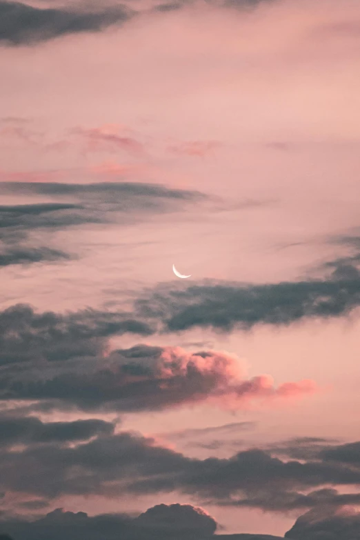 a pink sky with a crescent in the middle, trending on pexels, muted, ☁🌪🌙👩🏾, carson ellis, sad sky