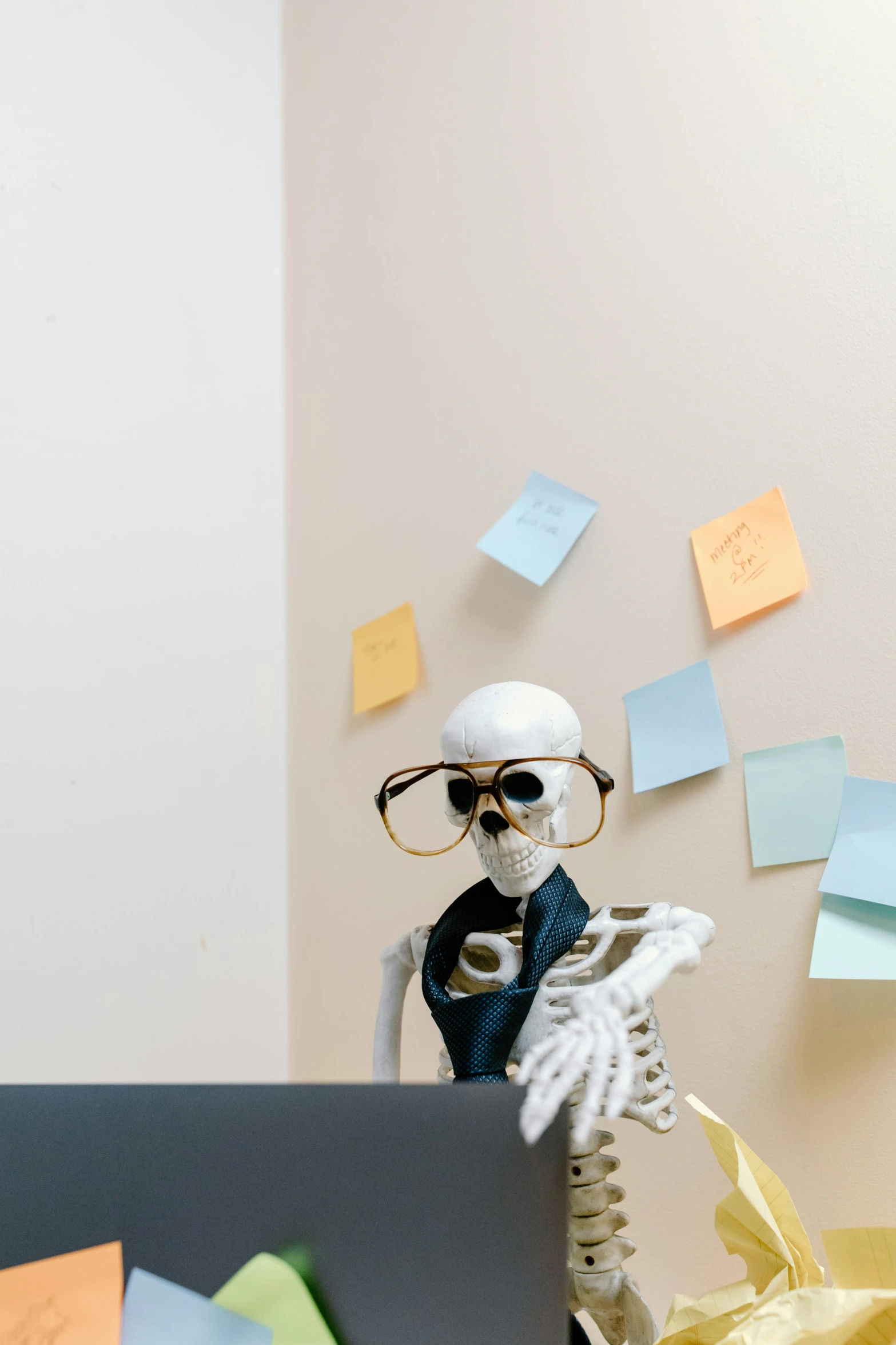 a skeleton sitting in front of a laptop computer, pexels contest winner, process art, office clothes, with notes, nerdy, banner