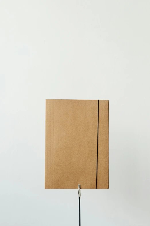 a book sitting on top of a table next to a lamp, by Jan Tengnagel, package cover, light brown, clipboard, thin black lines