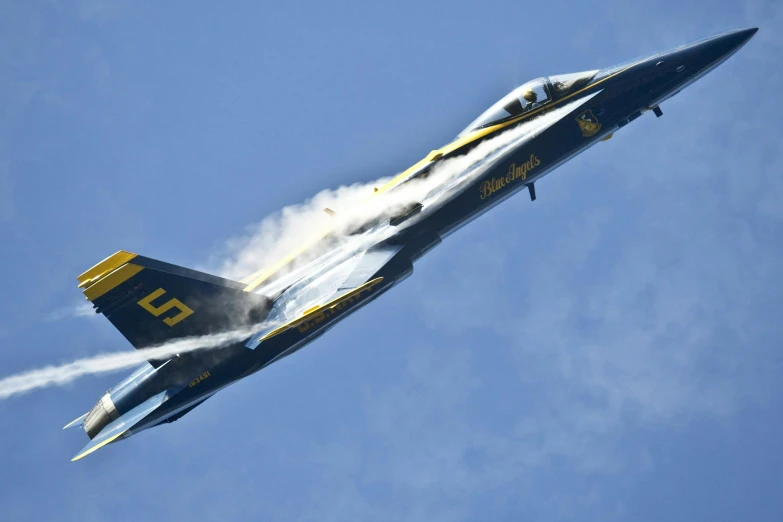 a fighter jet flying through a blue sky, by Neil Blevins, pexels contest winner, photorealism, beautiful black blue yellow, navy, concert, waist - shot