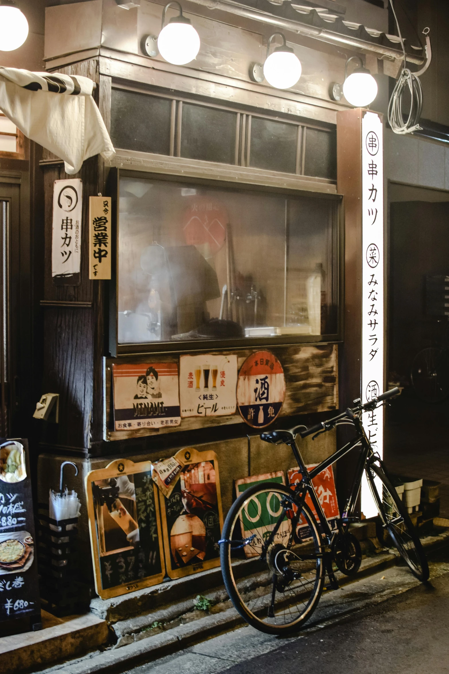 a bicycle is parked in front of a restaurant, a silk screen, unsplash, ukiyo-e, panorama shot, back room, old shops, movie photo