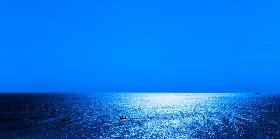 a boat floating on top of a large body of water, an album cover, inspired by Elsa Bleda, unsplash, minimalism, cobalt blue, glistening, fisherman, blue neon