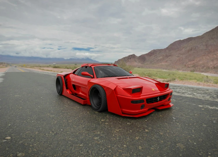 a red sports car parked on the side of the road, a 3D render, inspired by Bernardo Cavallino, polycount contest winner, ferrari f 4 0, japanese drift car, instagram post, on the desert