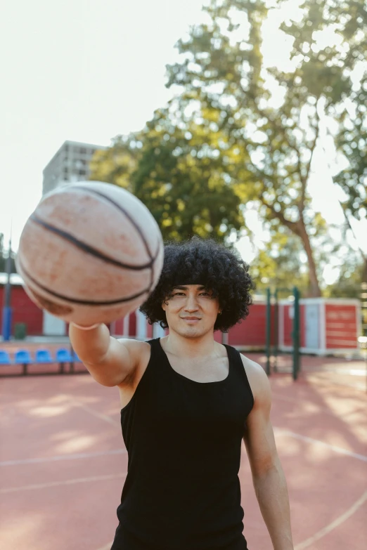 a man standing on a basketball court holding a basketball, an album cover, pexels contest winner, mix of ethnicities and genders, curls on top, 15081959 21121991 01012000 4k, square masculine facial features