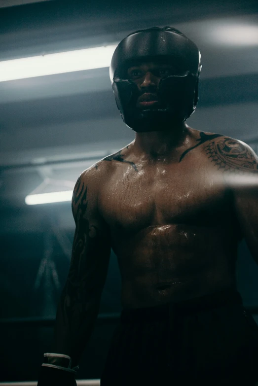 a shirtless man in a boxing ring, a tattoo, pexels contest winner, knight wearing helmet, cinematic still, in a gym, black man