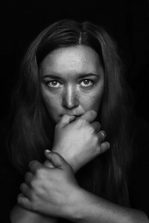 a black and white photo of a woman, inspired by Lee Jeffries, hyperrealism, saoirse ronan, hands retouched, ((portrait)), portrait photography 4 k