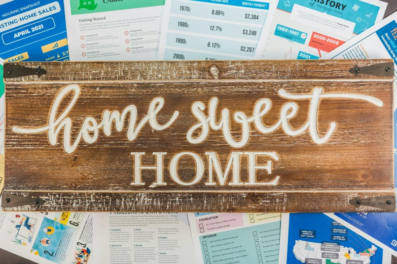 a wooden sign that says home sweet home, trending on pexels, character sheets on table, high school, profile image, print advertising