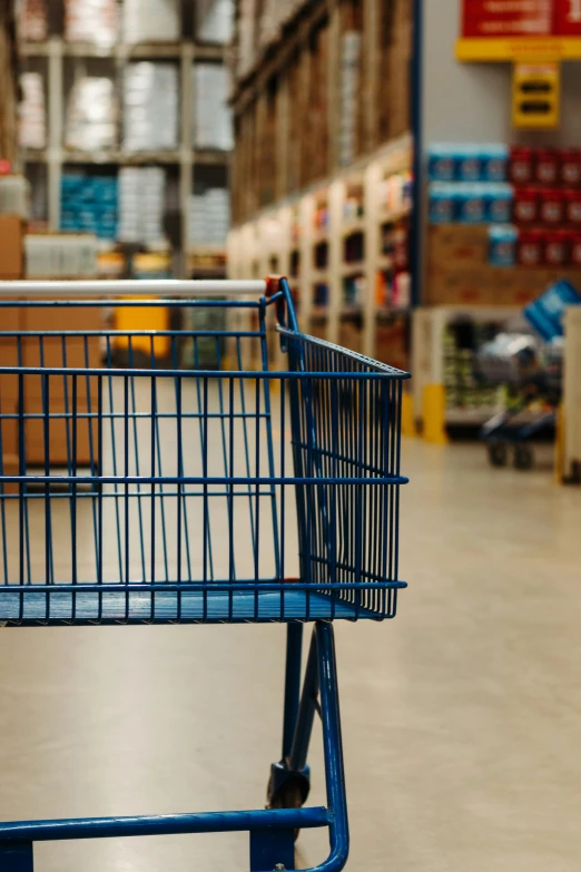 a shopping cart sitting in the middle of a store aisle, pexels, hyperrealism, blue print, square, inspect in inventory image