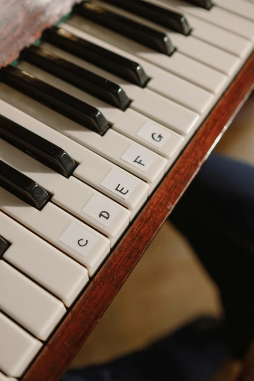 a close up of a piano keyboard on a table, labeled, various styles, ivory, press shot