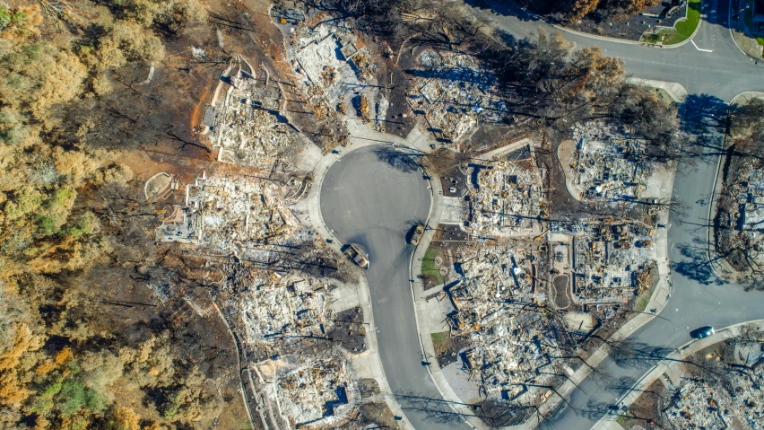 a bird's eye view of a burned neighborhood, a portrait, unsplash contest winner, central california, 8 k -, fan favorite, ruins