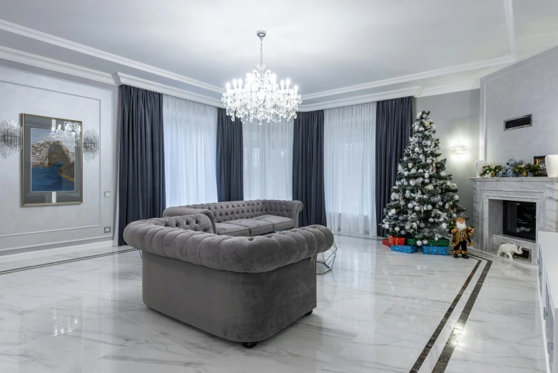 a living room filled with furniture and a christmas tree, by Alexander Fedosav, pexels contest winner, baroque, marble material, flat grey color, chandelier, nikolay georgiev