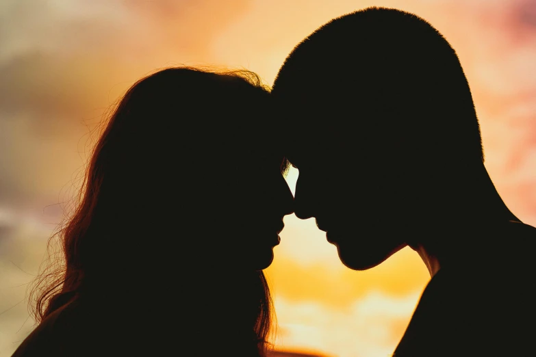 a silhouette of a man and a woman in front of a sunset, profile image, close up photograph, multiple stories, making out